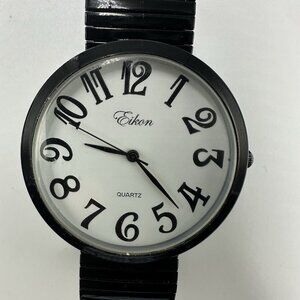 3/$30 Eikon Watch Women Black 42MM Round Dial Stretch Band New Battery 6.75”